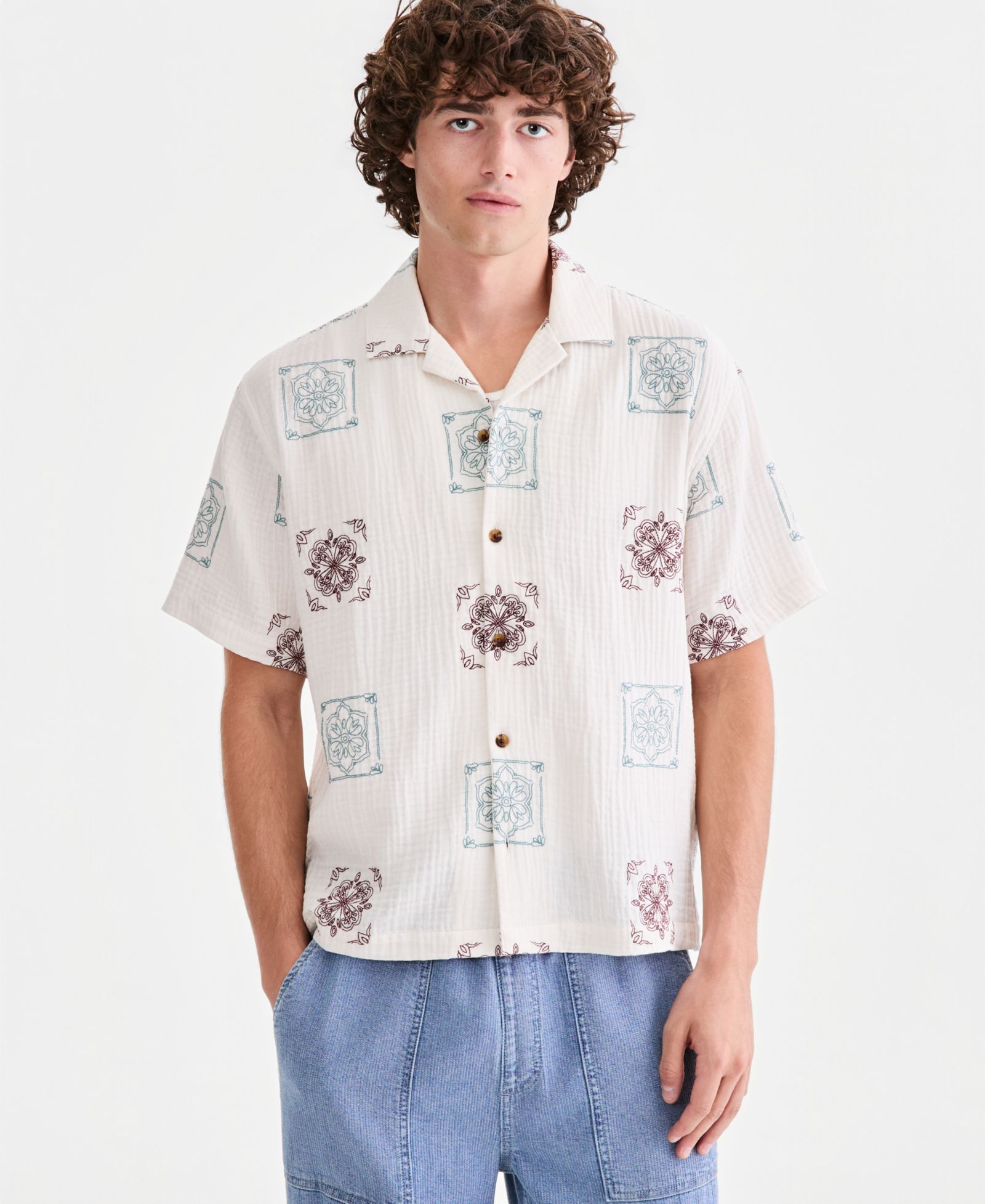 Мужская хлопковая рубатка Sun + Stone Embroidered Relaxed Camp