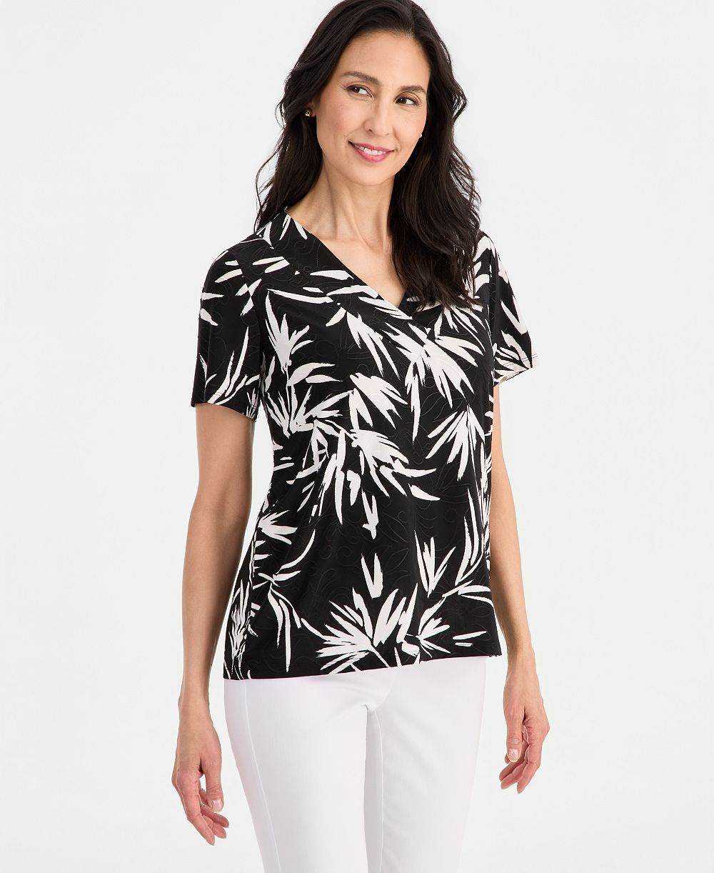 JM Collection Petite Printed Short Sleeve V-Neck Jacquard Top, Macy's Exclusive