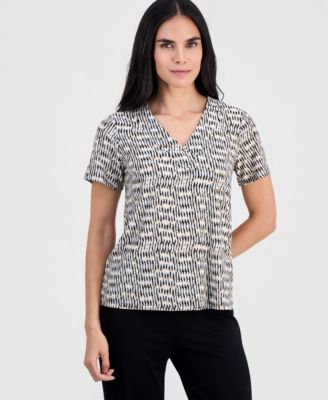 JM Collection Petite Short-Sleeve Jacquard V-Neck Top, Macy's Exclusive
