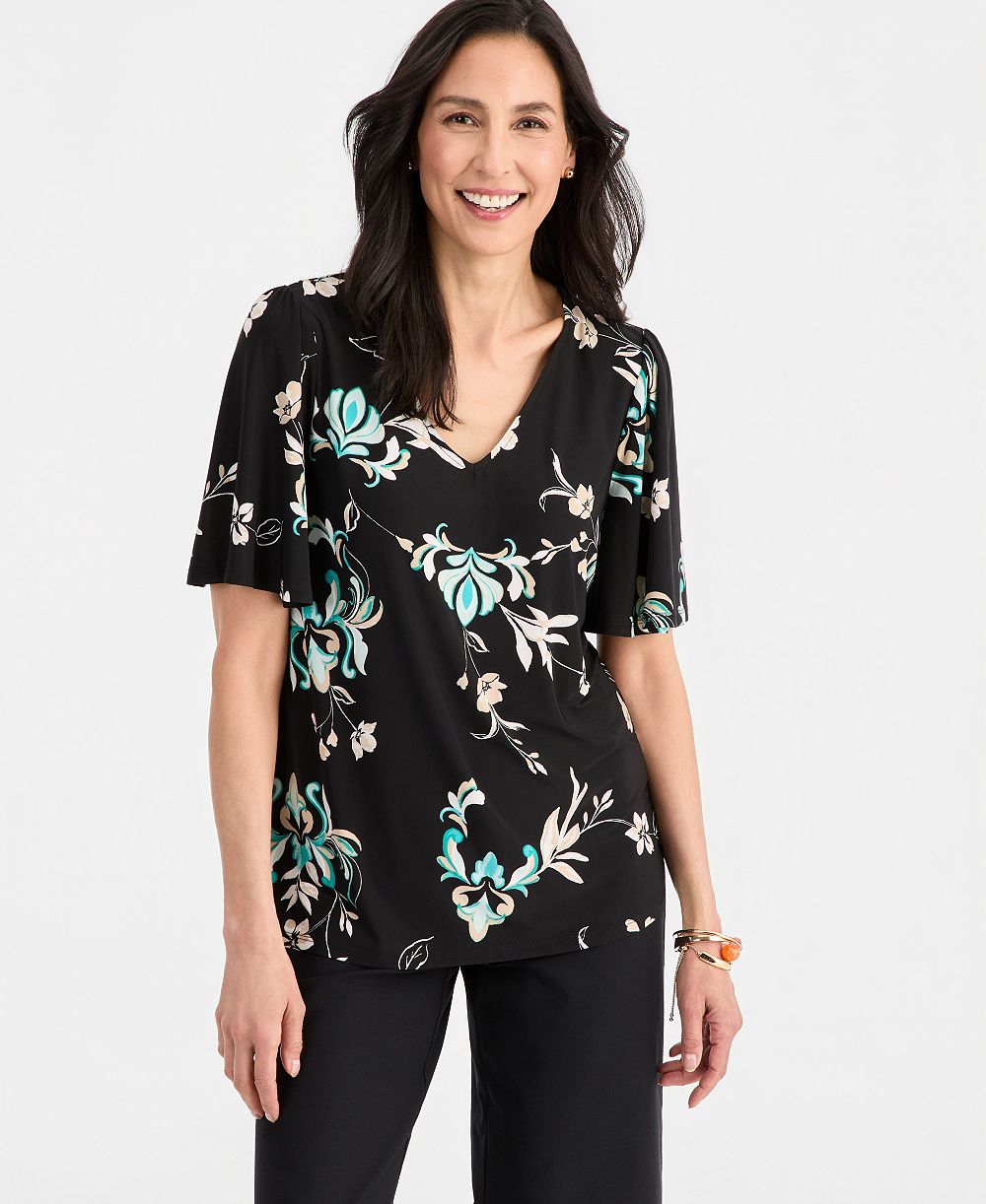 JM Collection Women's Printed V-neck Flutter-Sleeve Top, Macy's Exclusive