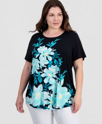 JM Collection Plus Size Painted Floral Scoop-Neck Top, Macy's Exclusive