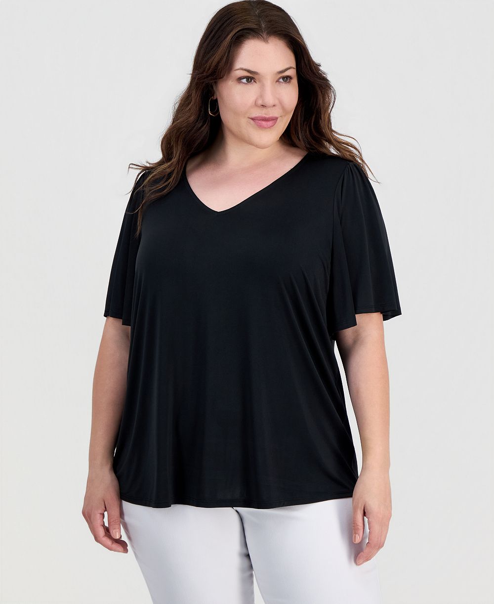 JM Collection Plus Size Solid V-Neck Flutter-Sleeve Top, Macy's Exclusive