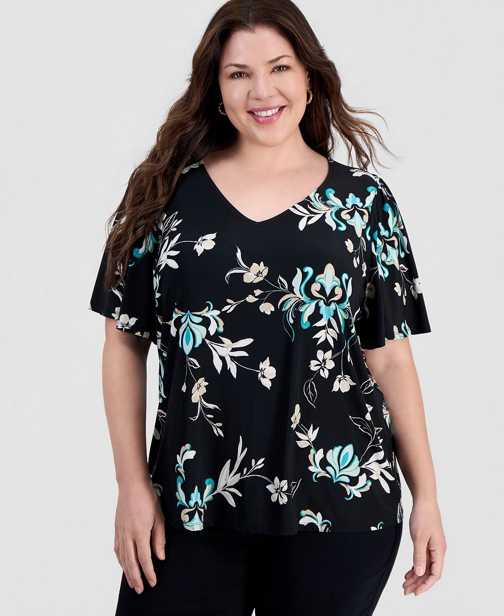JM Collection топ женский Plus Size Tossed Floral V-Neck