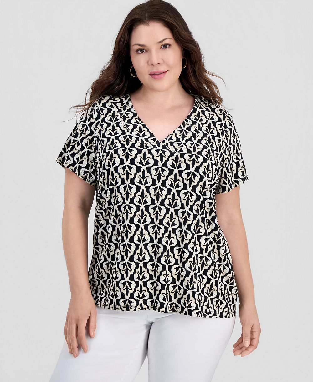 JM Collection Plus Printed Short Sleeve V-Neck Jacquard Top, Macy's Exclusive