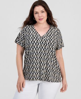 JM Collection Plus Printed Short Sleeve V-Neck Jacquard Top, Macy's Exclusive