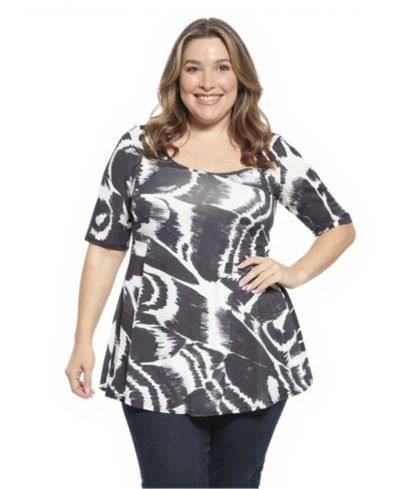 24seven Comfort Apparel Туника Plus Size с абстрактным принтом и вырезом лодочкой, длинный рукав