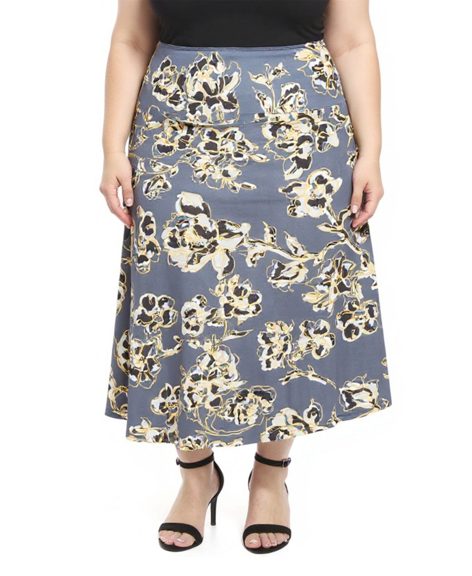 24seven Comfort Apparel Plus Size Floral Elastic Waistband A-Line Skirt