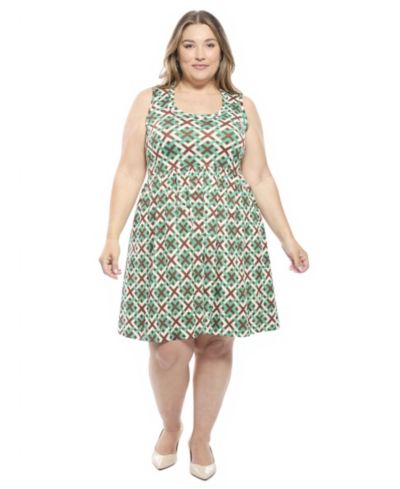 24seven Comfort Apparel Plus Size Geometric Sleeveless Fit and Flare Dress