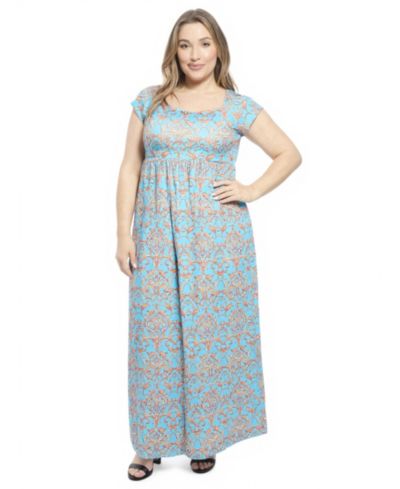 24seven Comfort Apparel Plus Size Abstract Cap-Sleeve Pleated Maxi Dress
