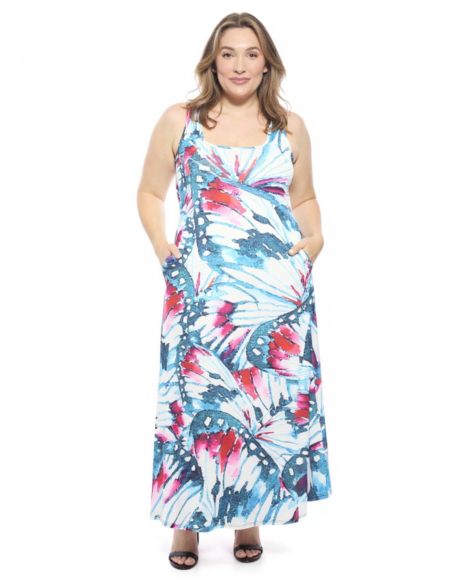 24seven Comfort Apparel Plus Size Butterfly Scoop Neck Pocket Maxi Dress