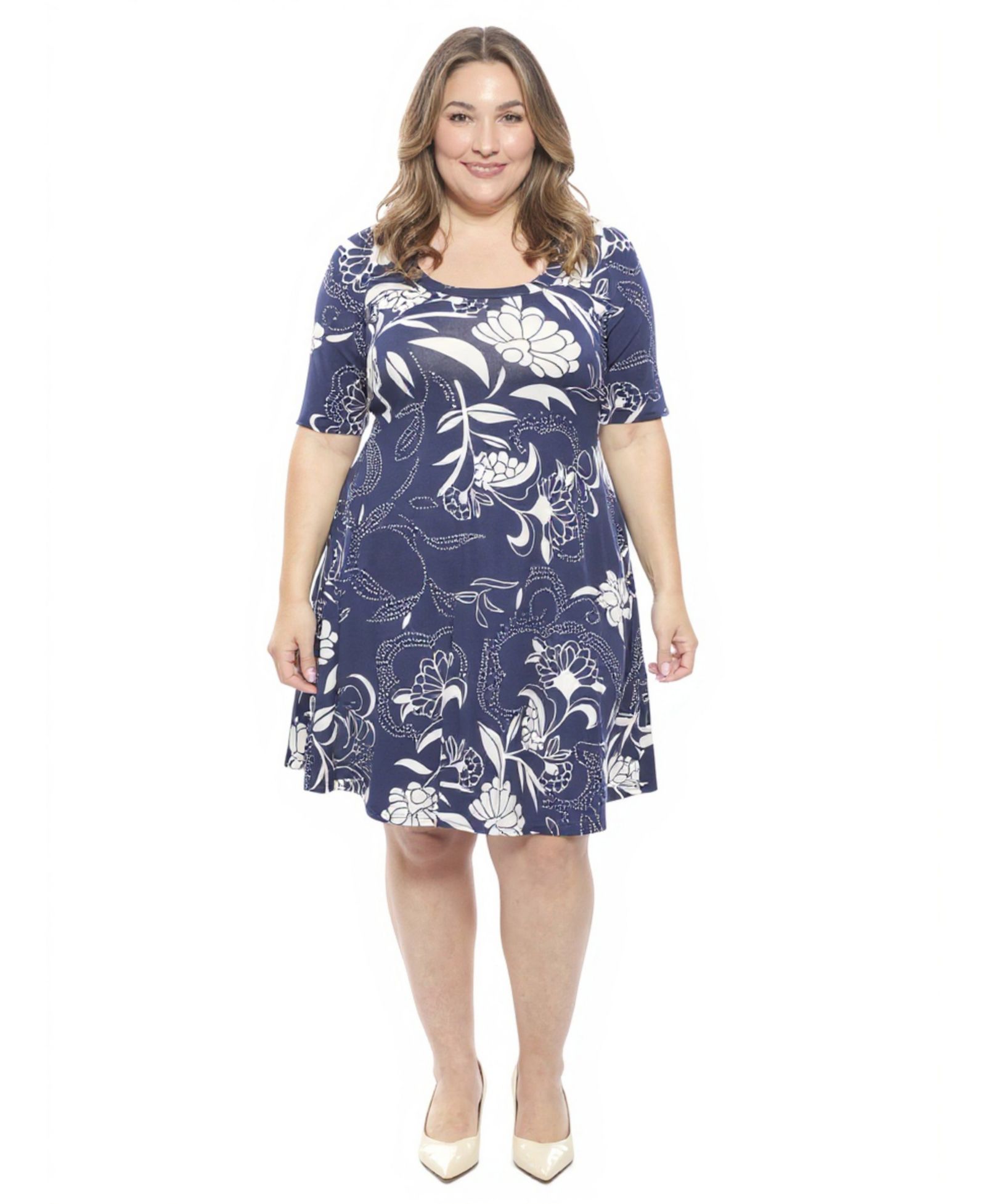 24seven Comfort Apparel Plus Size Scoop Neck Elbow Sleeve A-Line Dress
