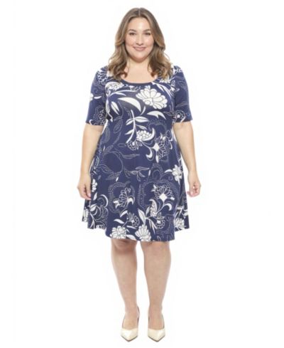 24seven Comfort Apparel Plus Size Scoop Neck Elbow Sleeve A-Line Dress