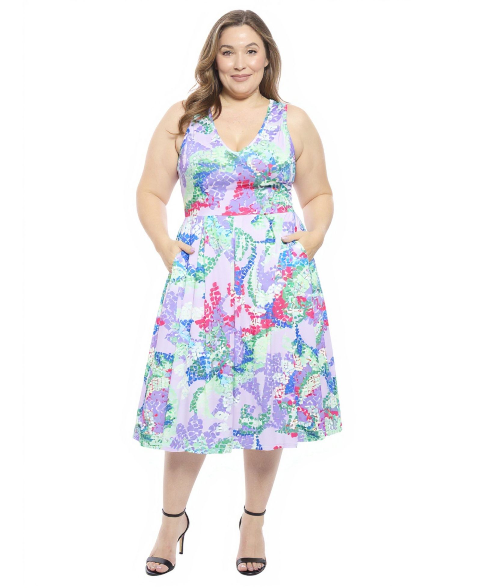 24seven Comfort Apparel Plus Size Abstract V-Neck Pleated Pocket Midi Dress