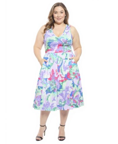 24seven Comfort Apparel Plus Size Abstract V-Neck Pleated Pocket Midi Dress