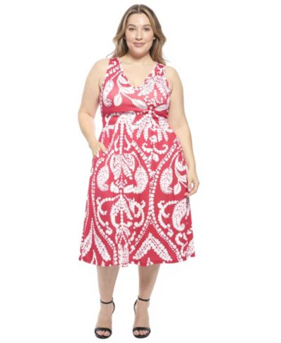 24seven Comfort Apparel Plus Size Paisley Pleated Pocket Fit and Flare Dress