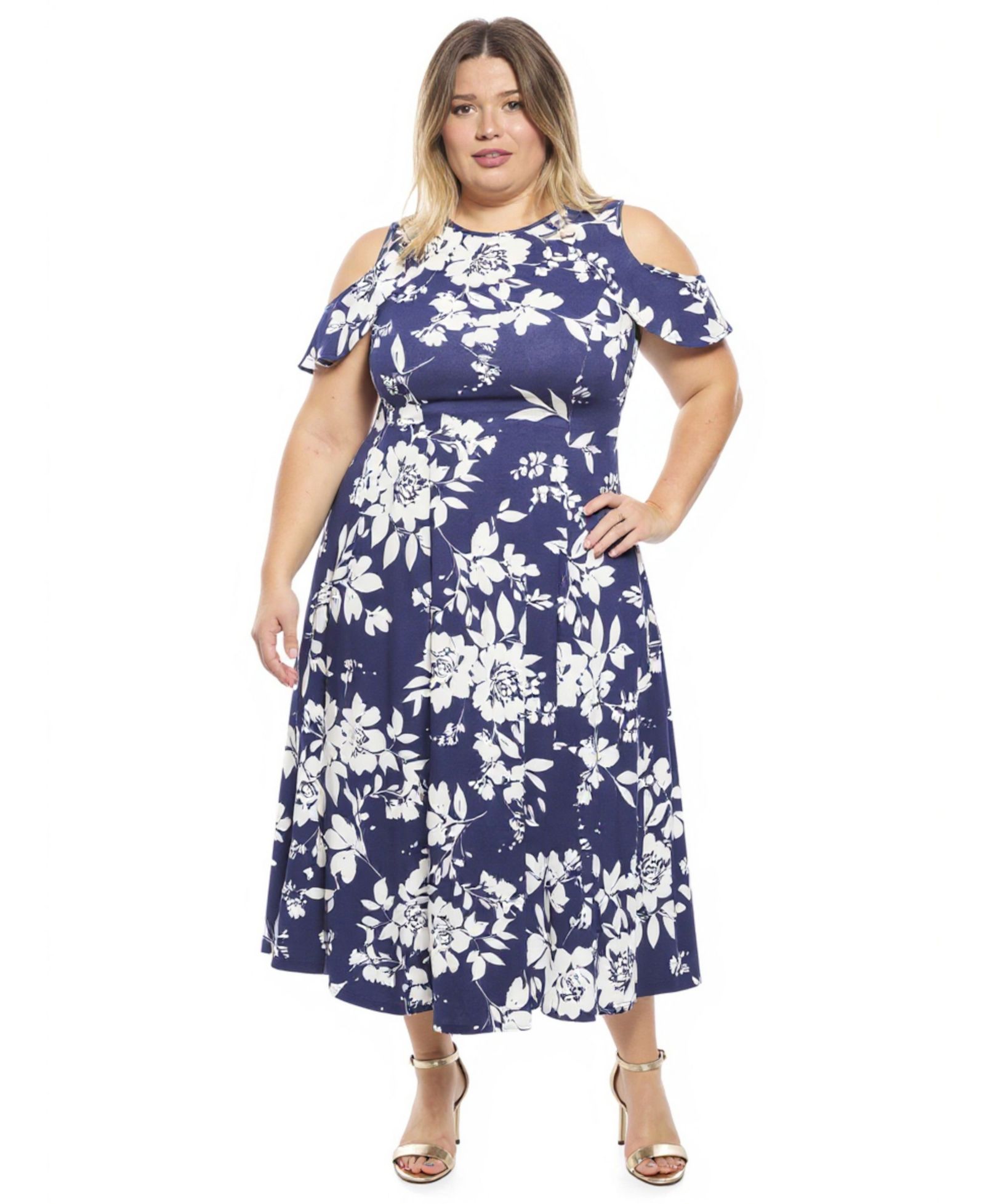 24seven Comfort Apparel Plus Size Ruffle-Sleeve Cold Shoulder Maxi Dress