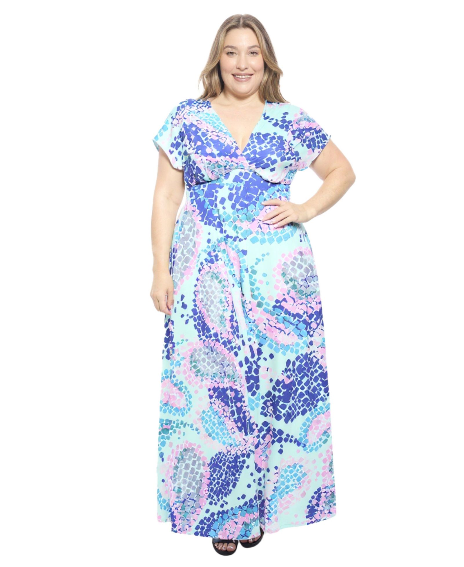 24seven Comfort Apparel Plus Size Abstract Empire Waist Cap-Sleeve Maxi Dress
