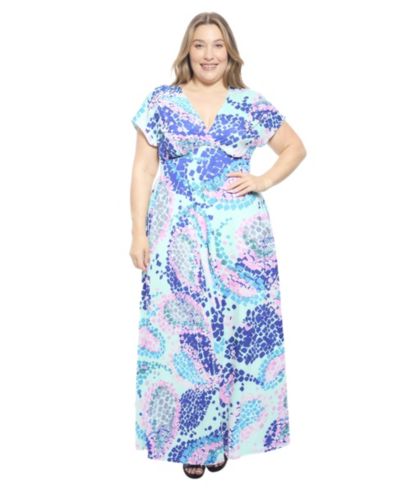 24seven Comfort Apparel Plus Size Abstract Empire Waist Cap-Sleeve Maxi Dress