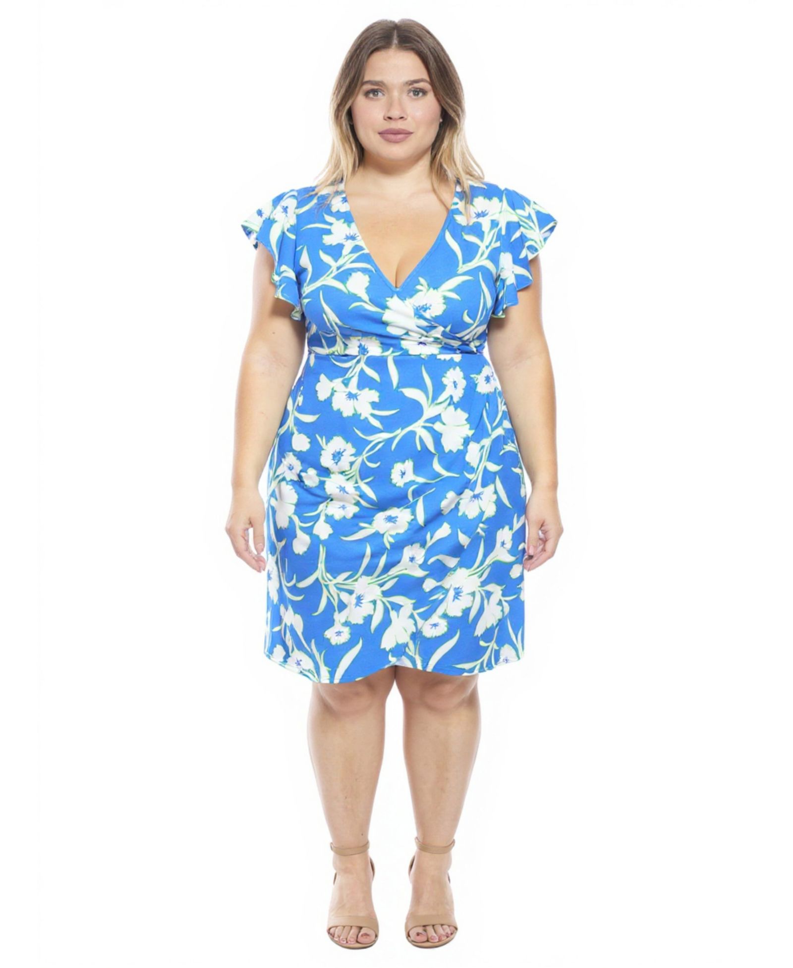 24seven Comfort Apparel Plus Size Floral Flutter Sleeve Faux Wrap Dress