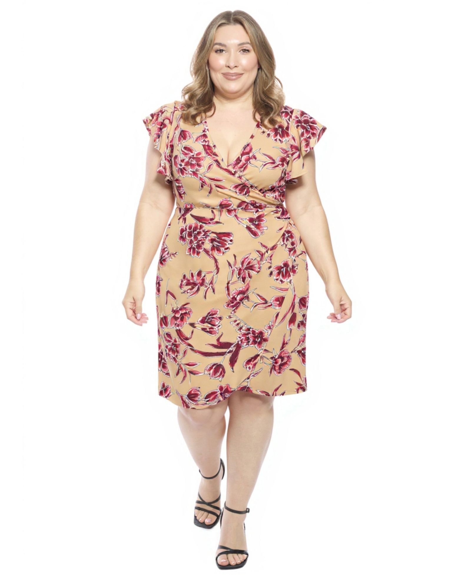 Платье 24seven Comfort Apparel Plus Size Floral Flutter Sleeve Faux Wrap