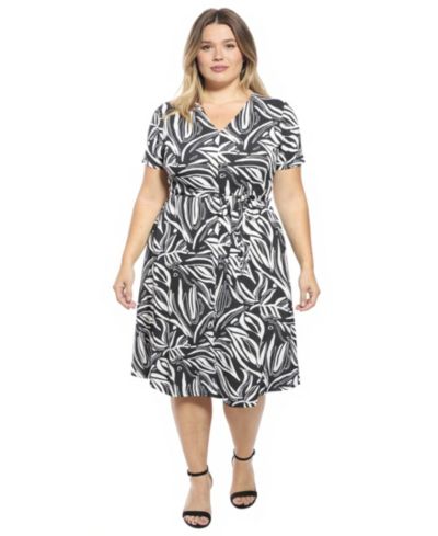 24seven Comfort Apparel Plus Size Abstract V-Neck A-Line Midi Dress