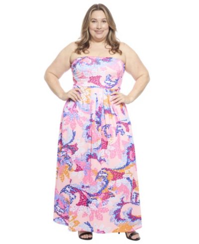 24seven Comfort Apparel Plus Size Абстрактное платье без бретелей с карманами, Maxi