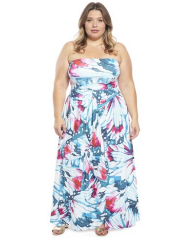 24seven Comfort Apparel Plus Size Butterfly Strapless Pocket Maxi Dress