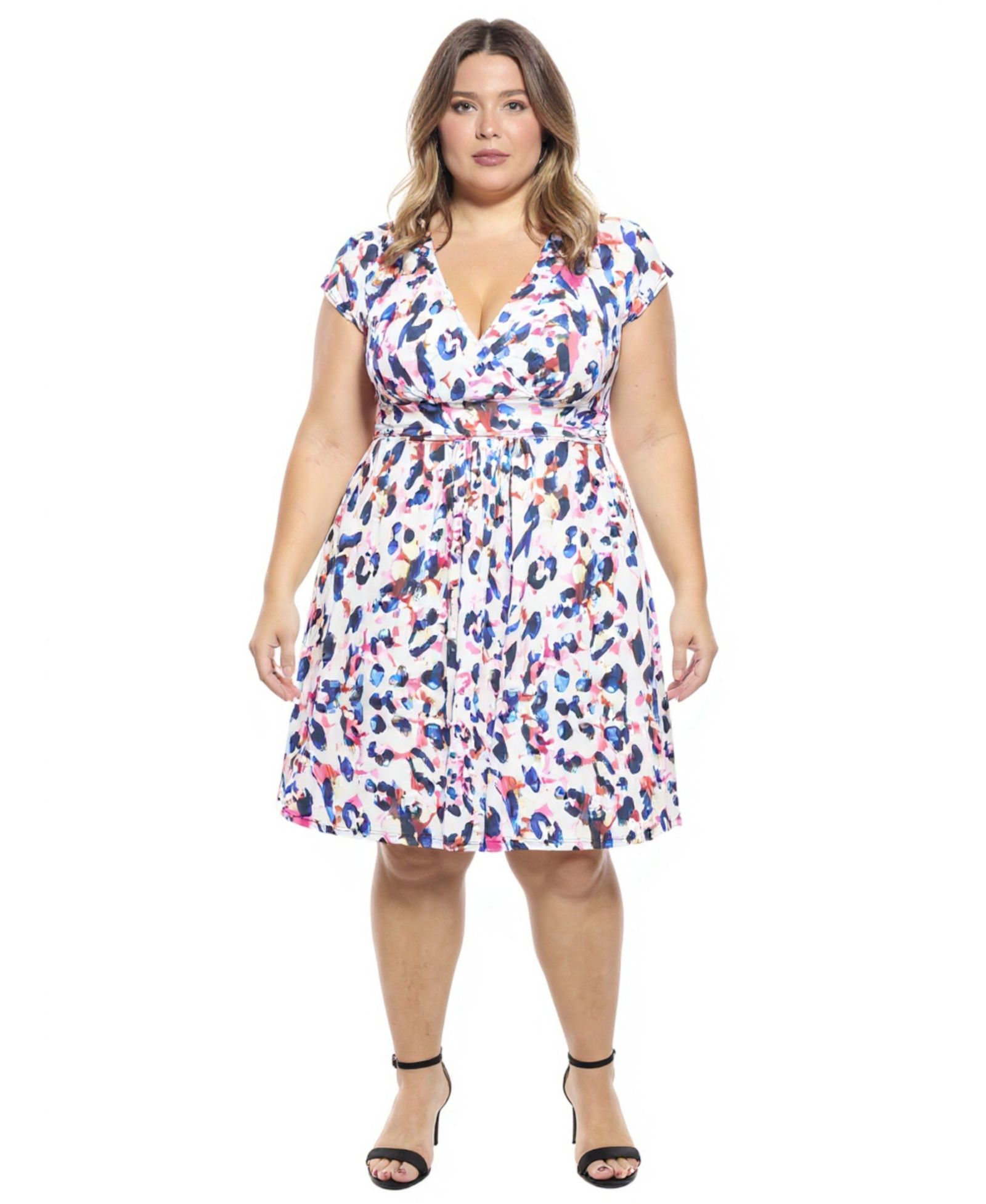 24seven Comfort Apparel Plus Size Animal Print Cap-Sleeve A-Line Pocket Dress
