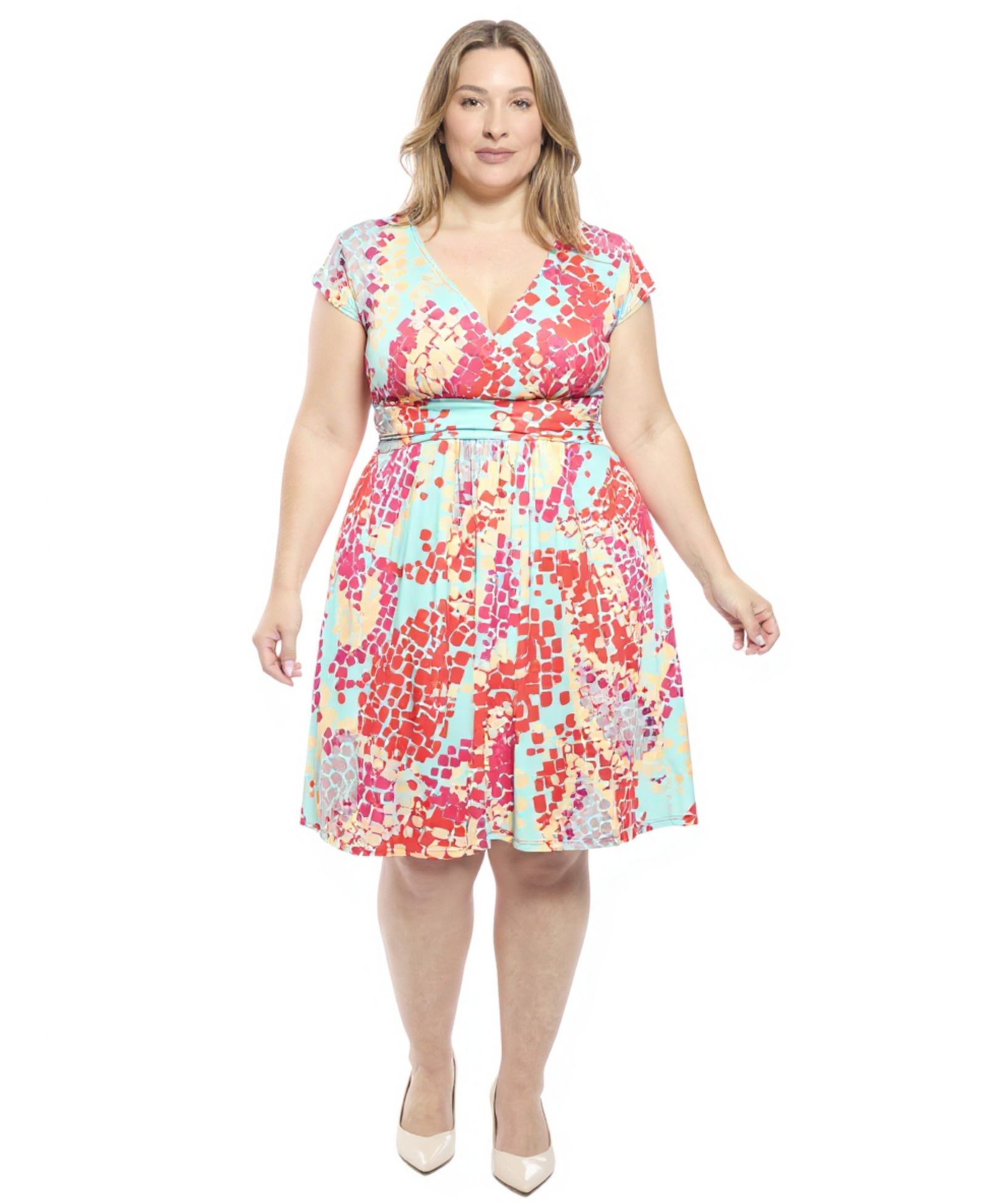 24seven Comfort Apparel Plus Size Abstract Cap-Sleeve Pocket Dress