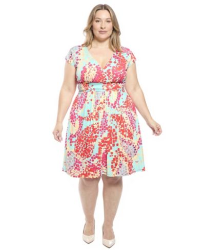 24seven Comfort Apparel Plus Size Abstract Cap-Sleeve Pocket Dress