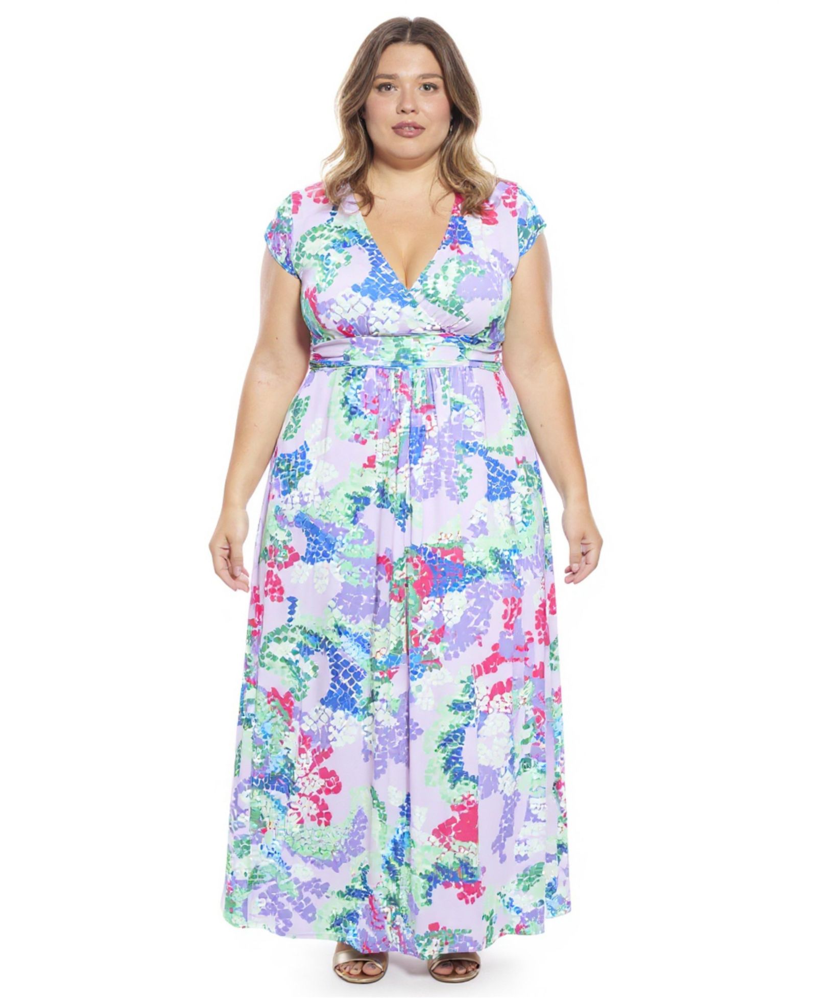 24seven Comfort Apparel Plus Size Cap-Sleeve Side Slit Pocket Maxi Dress