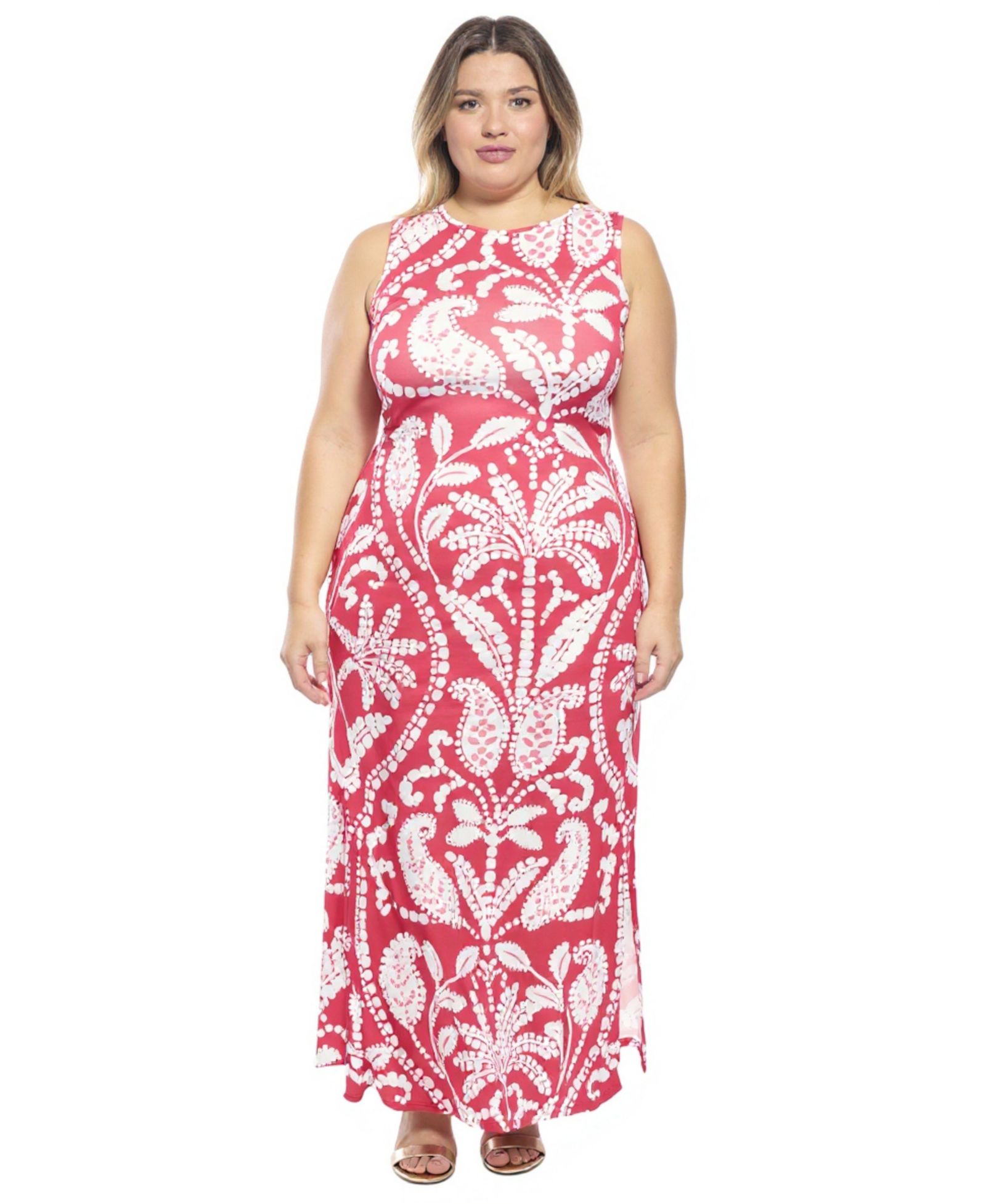 24seven Comfort Apparel Plus Size Paisley Side Slit Bodycon Maxi Dress