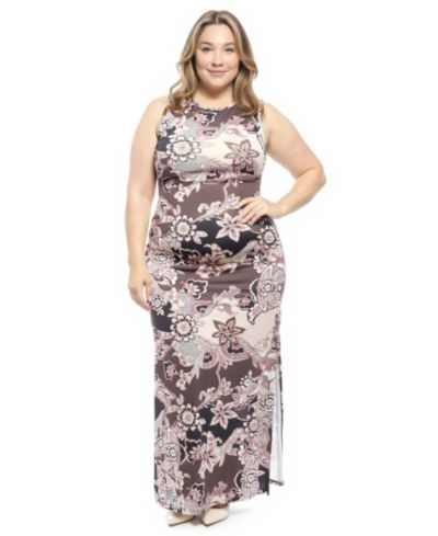 24seven Comfort Apparel Plus Size Paisley Side Slit Sheath Maxi Dress