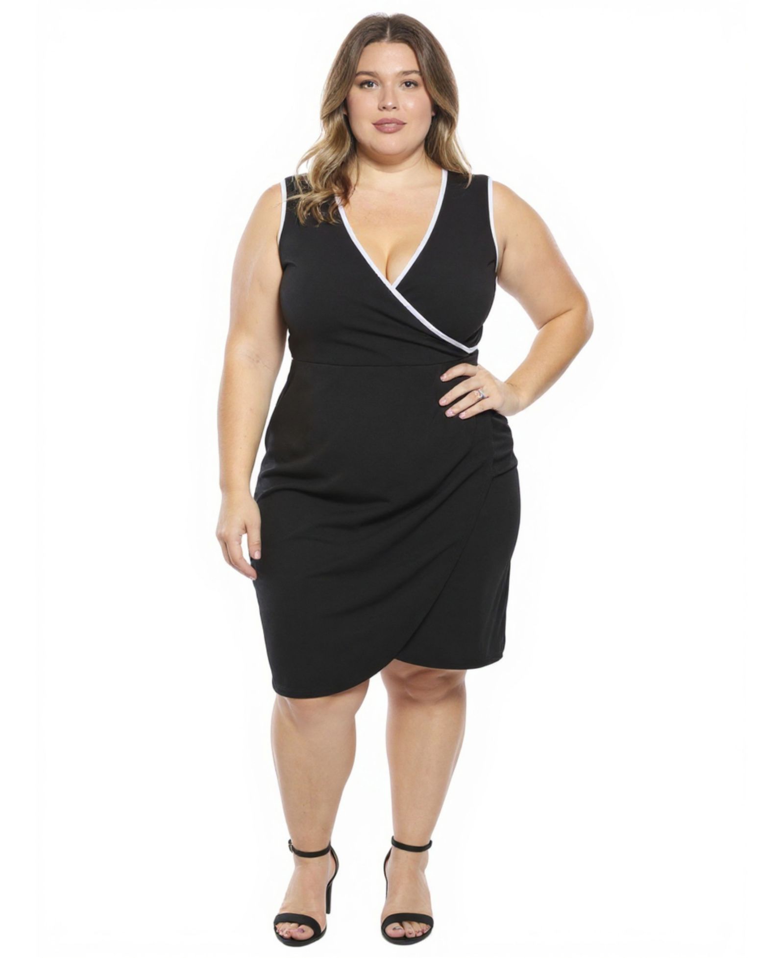 24seven Comfort Apparel Plus Size Faux Wrap Tulip Hemline Midi Dress