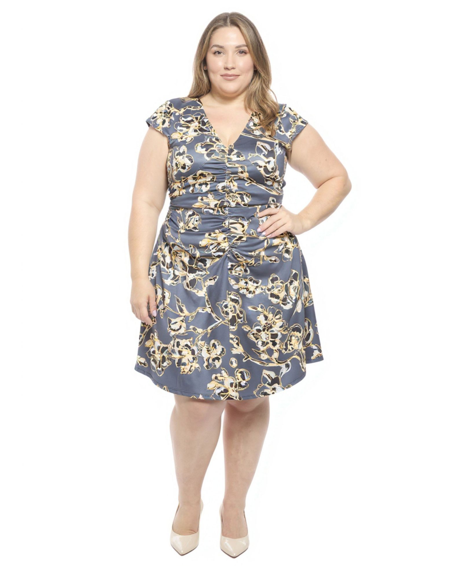 Женское миди-платье 24seven Comfort Apparel Plus Size Floral V-Neck Ruched Front Knee-Length