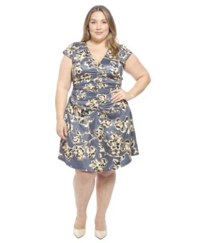Женское миди-платье 24seven Comfort Apparel Plus Size Floral V-Neck Ruched Front Knee-Length