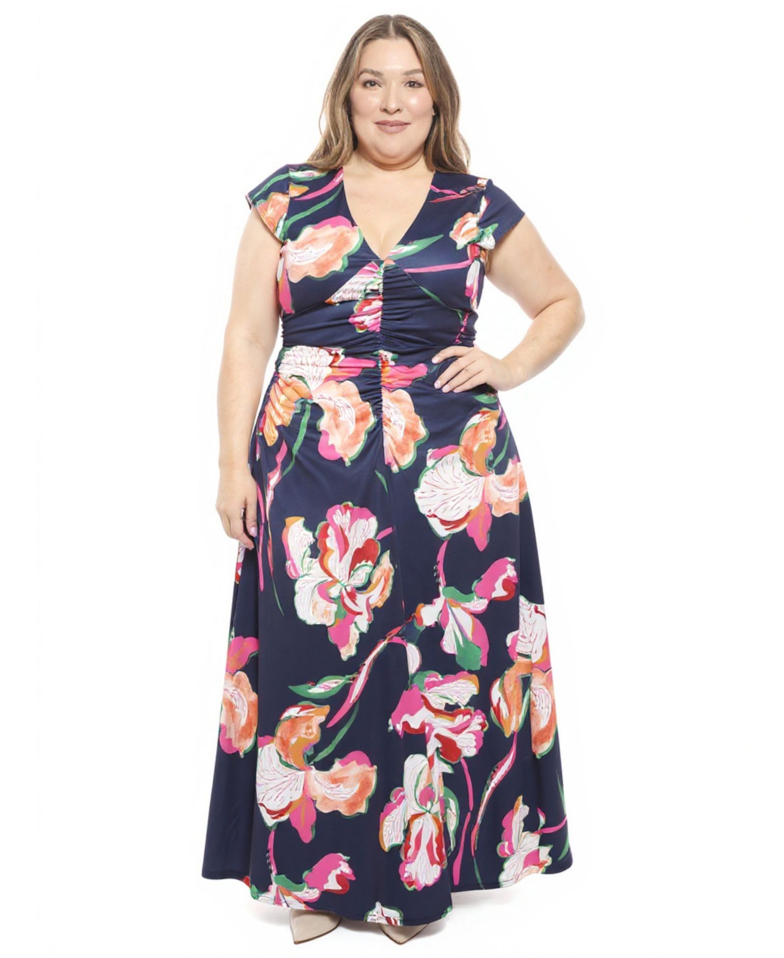 Платье 24seven Comfort Apparel Plus Size Floral Cap-Sleeve Ruched Front