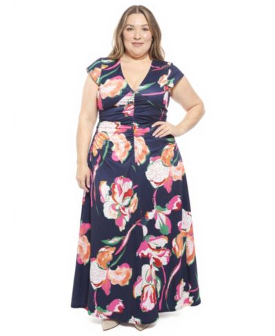 Платье 24seven Comfort Apparel Plus Size Floral Cap-Sleeve Ruched Front