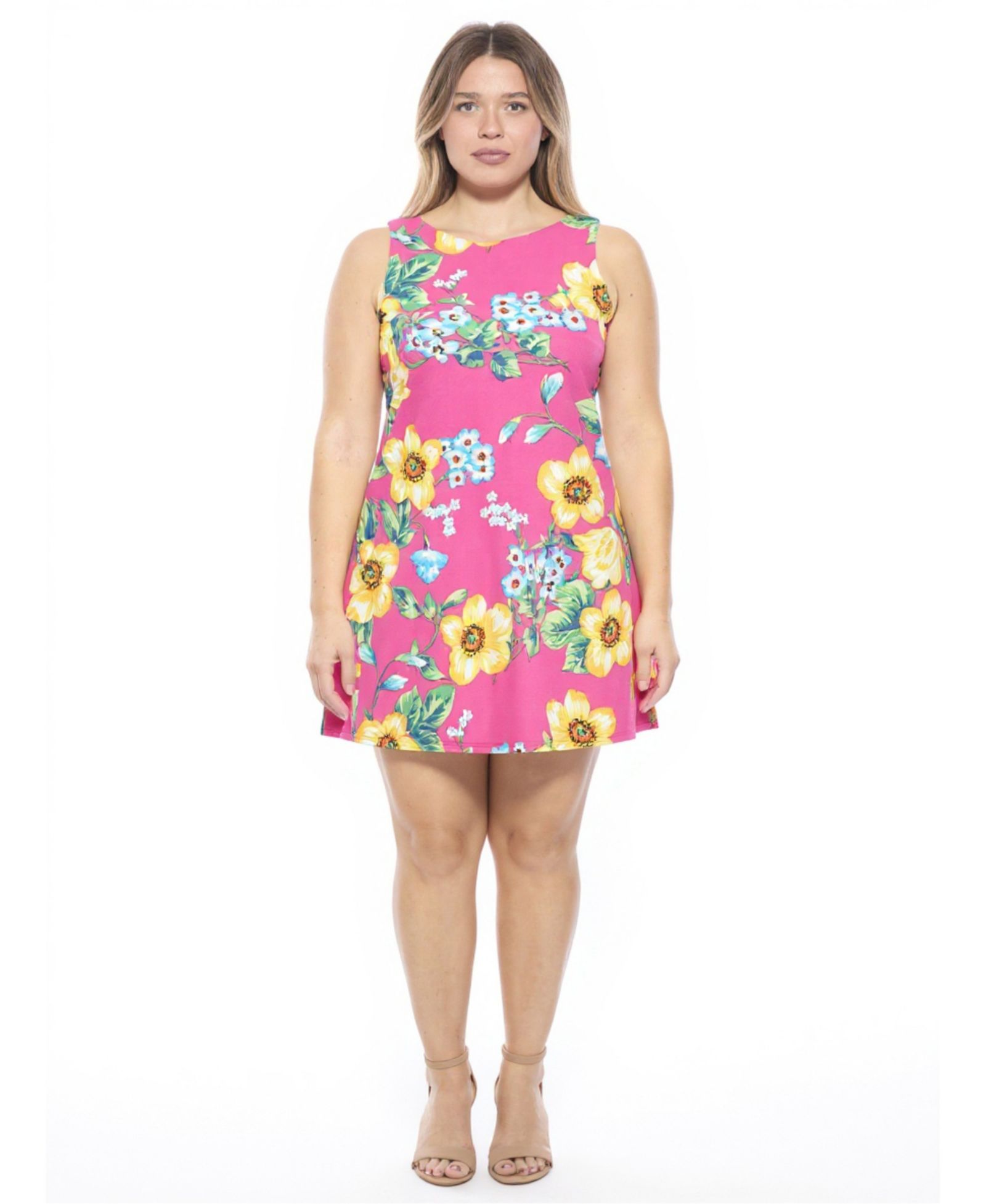 24seven Comfort Apparel Plus Size Floral Round Neck A-Line Dress