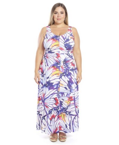 24seven Comfort Apparel Plus Size Butterfly Scoop Neck A-Line Maxi Dress