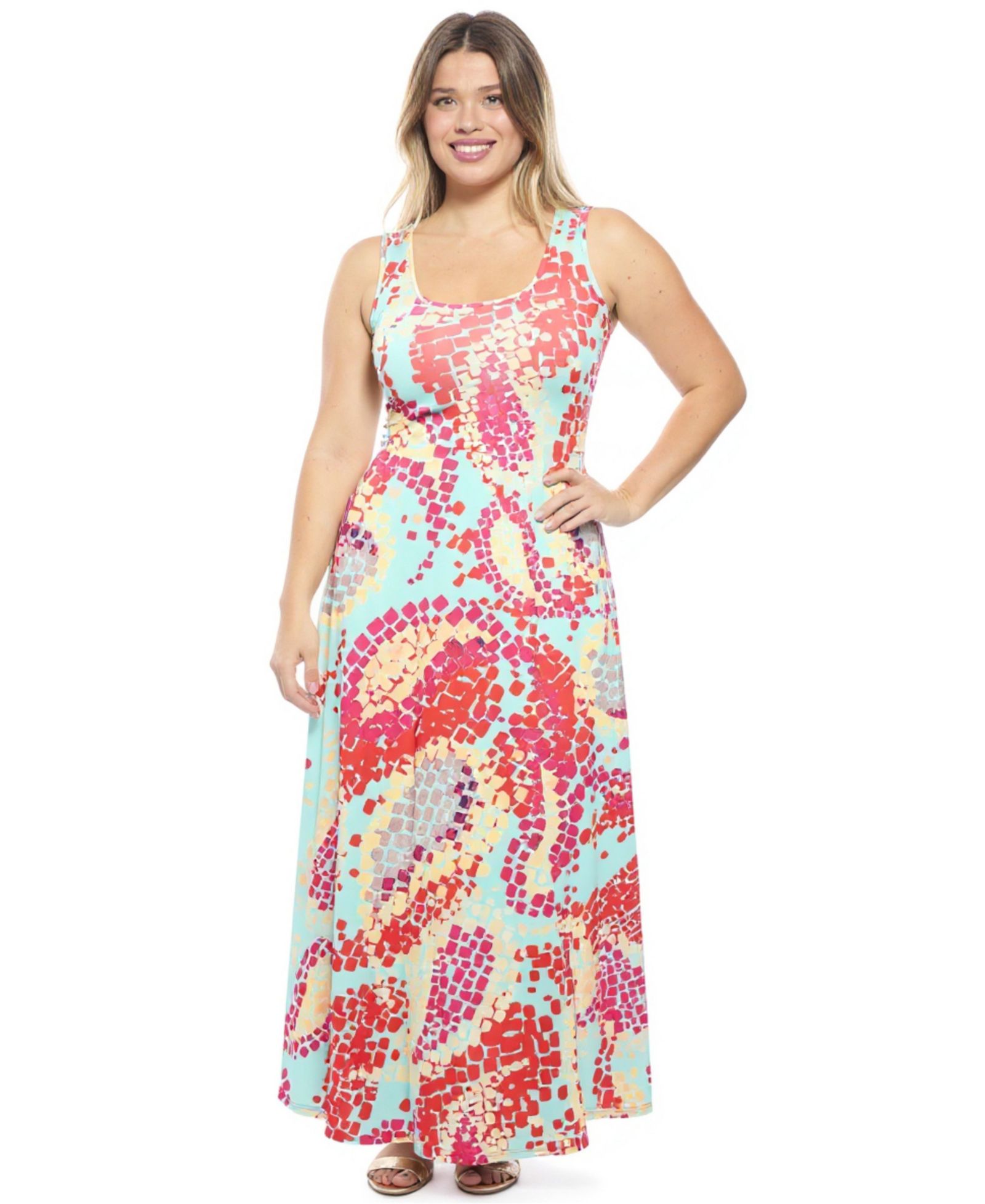 24seven Comfort Apparel Plus Size Abstract Scoop Neck Maxi Dress