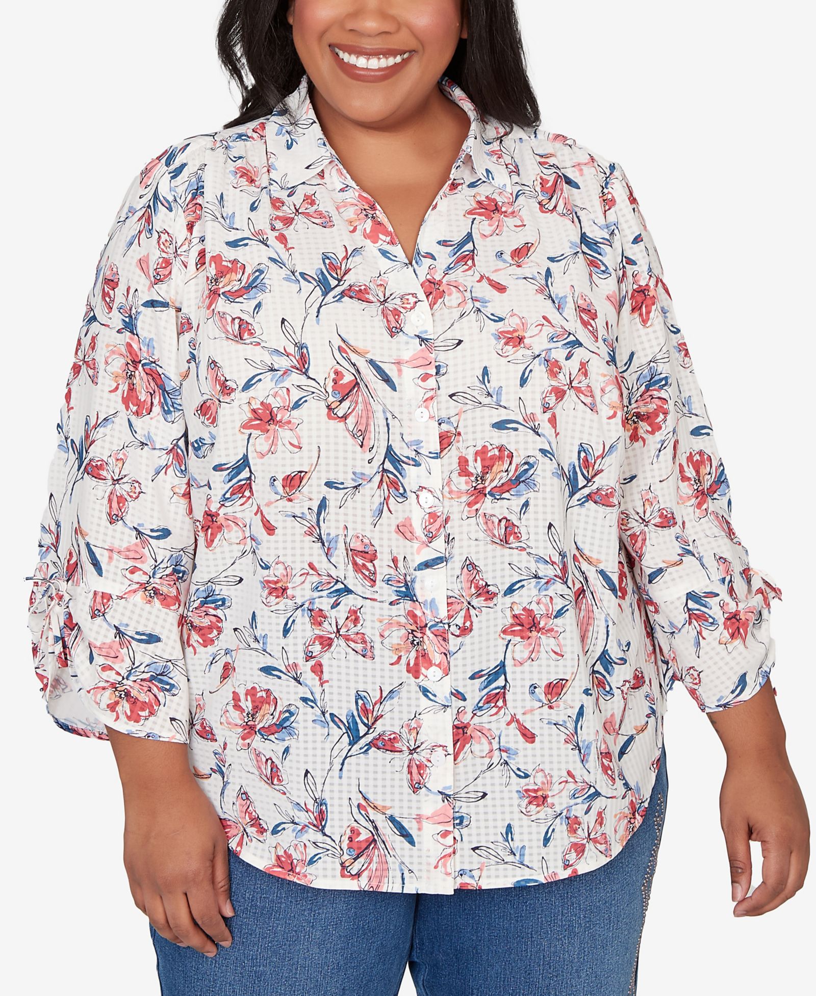 Alfred Dunner Plus Size Austin Etched Floral Butterfly Button-Down Top