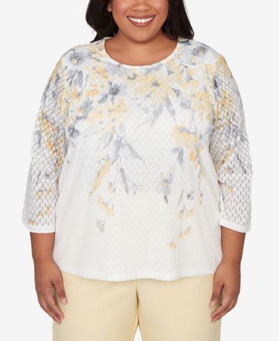 Alfred Dunner Plus Size Al Fresco Textured Floral Crew Neck Top