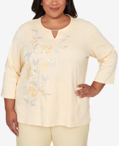 Alfred Dunner Plus Size Al Fresco Asymmetrical Floral Embroidered Textured Top