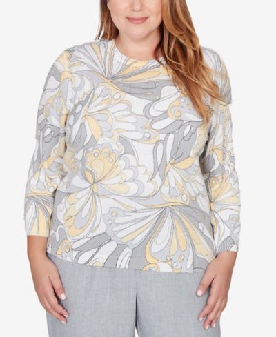 Свитер Alfred Dunner Plus Size Al Fresco Abstract Butterfly Ribbed Crew Neck