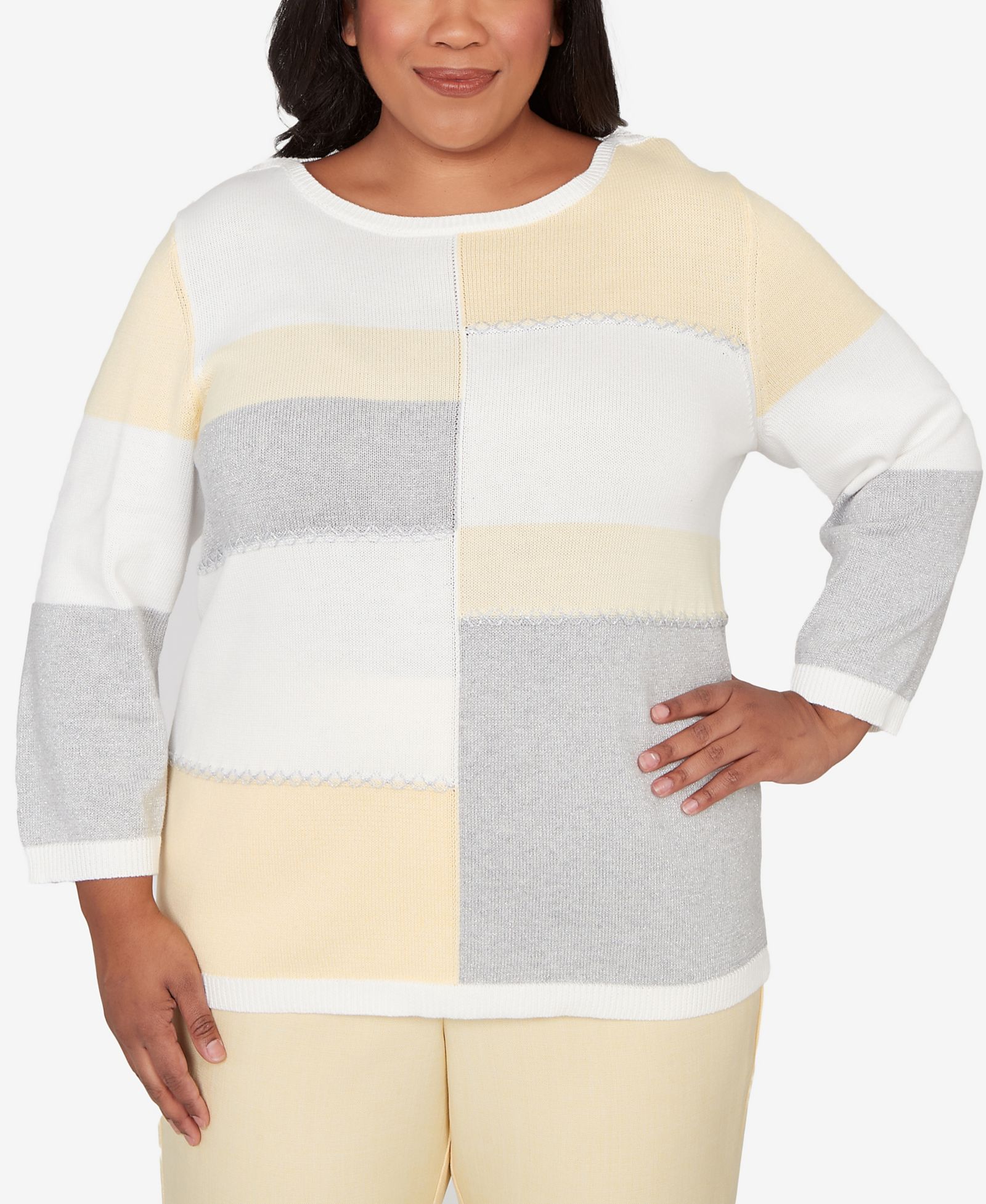 Alfred Dunner Женский свитер Plus Size Al Fresco с рельефным узором и цветовым блоком, круглый вырез