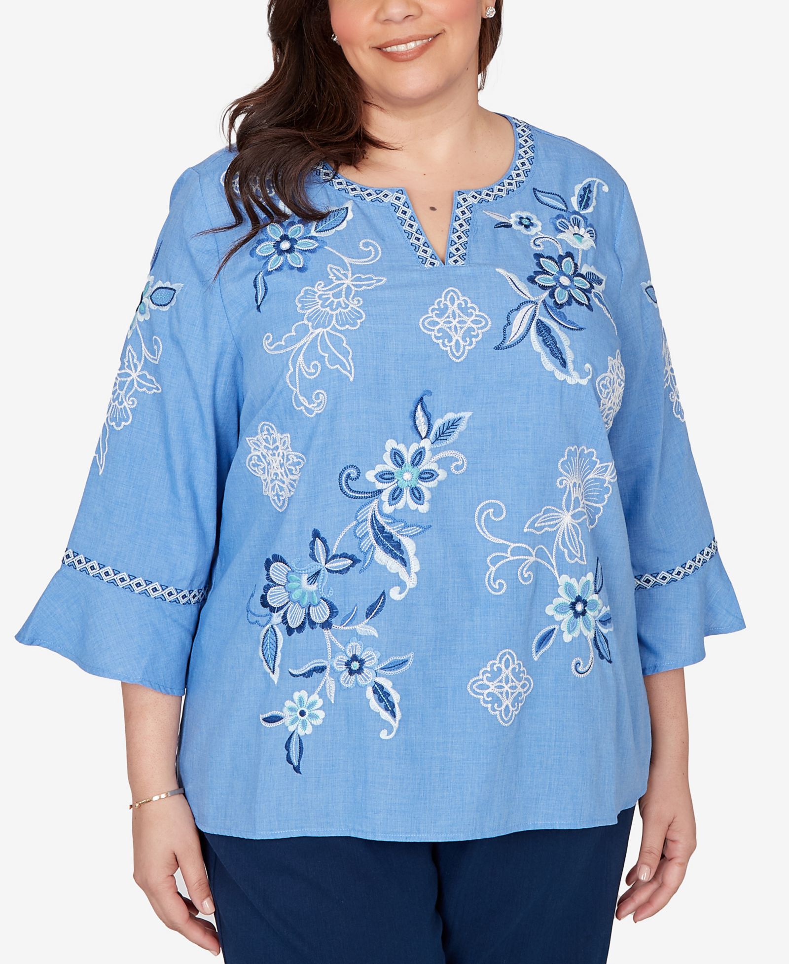 Alfred Dunner Plus Size Mykonos Floral Textured Embroidered Split Neck Top