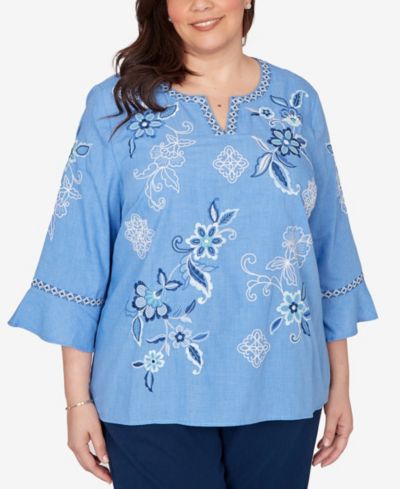 Alfred Dunner Plus Size Mykonos Floral Textured Embroidered Split Neck Top
