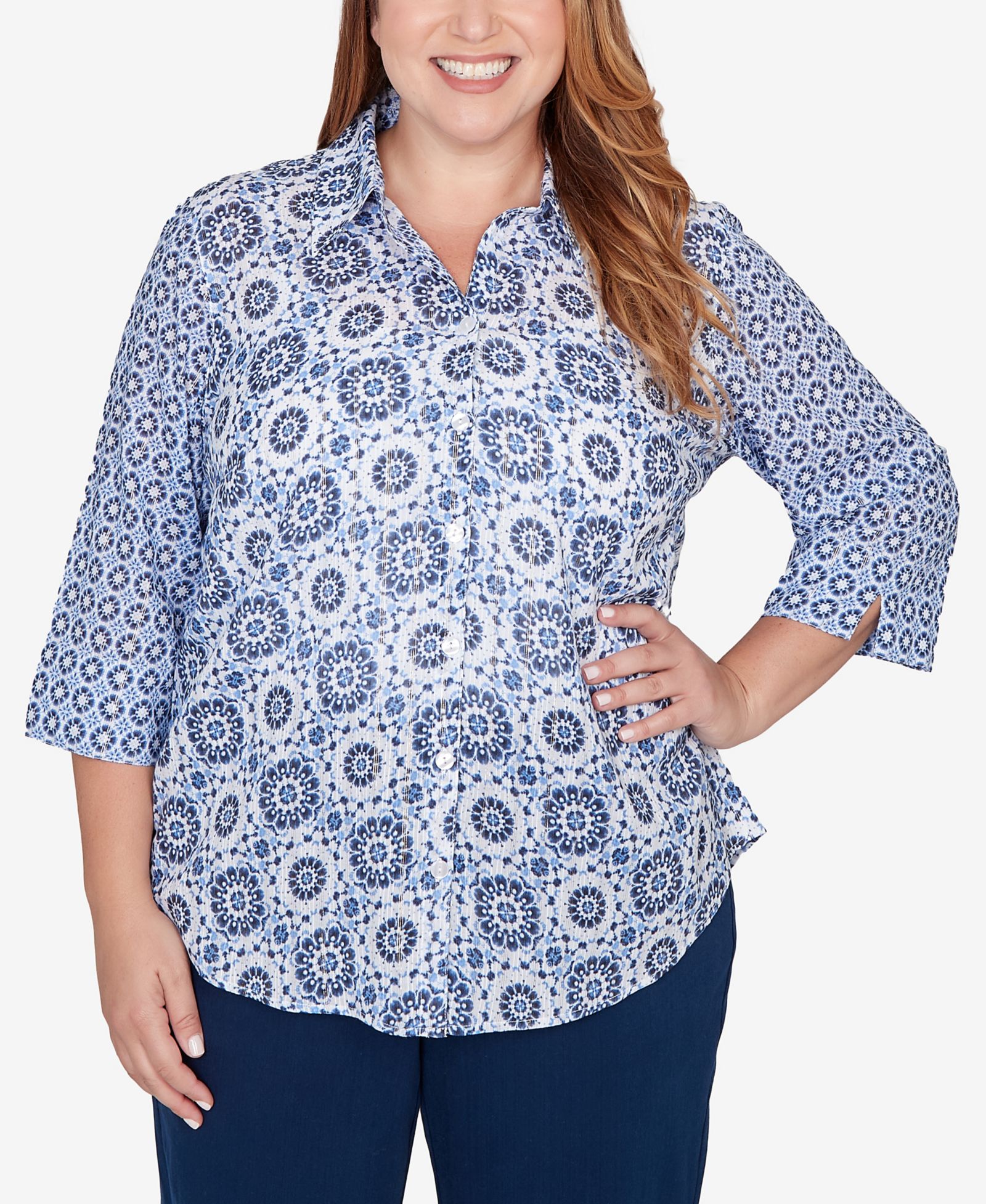Alfred Dunner Plus Size Mykonos Geometric Button-Front Closure Collared Top