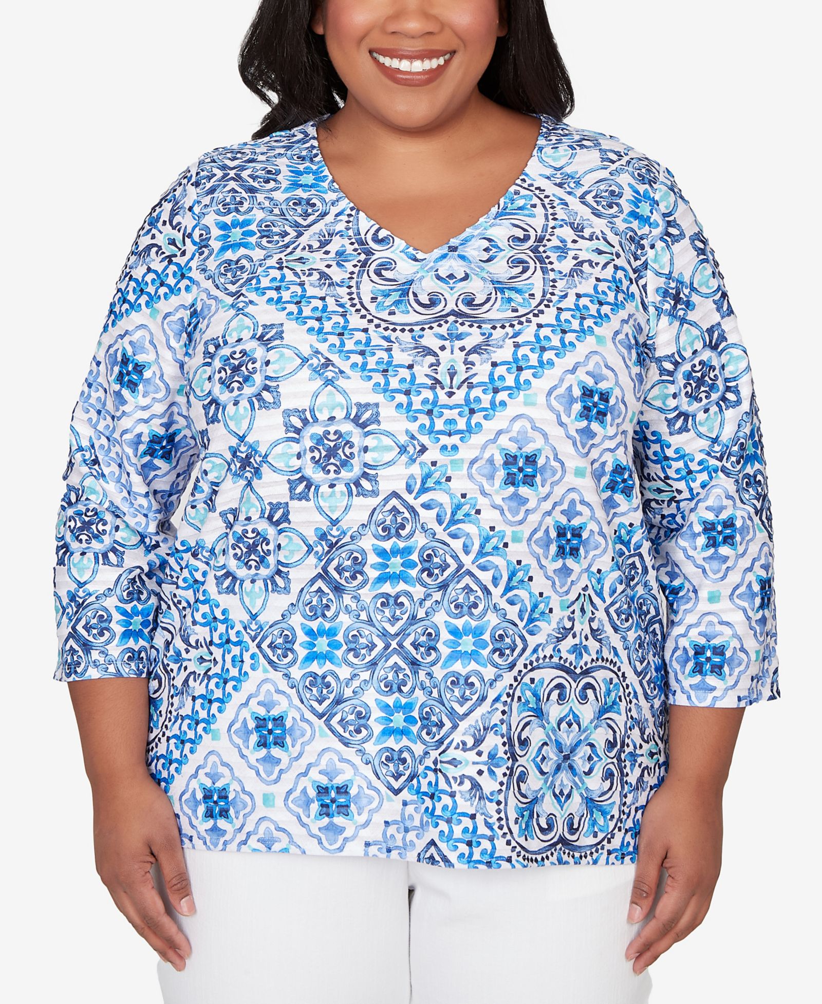 Alfred Dunner Plus Size Mykonos Aegean Tile V-Neck Top